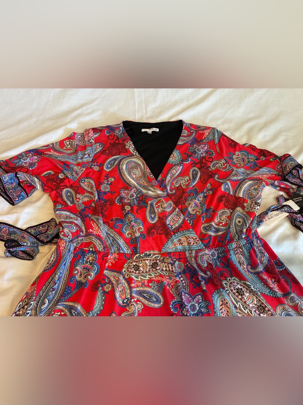 Studio One Plus Size 22W Red Paisley Faux Wrap Dress NWT Tie Waist Midi Dress - Picture 7 of 12